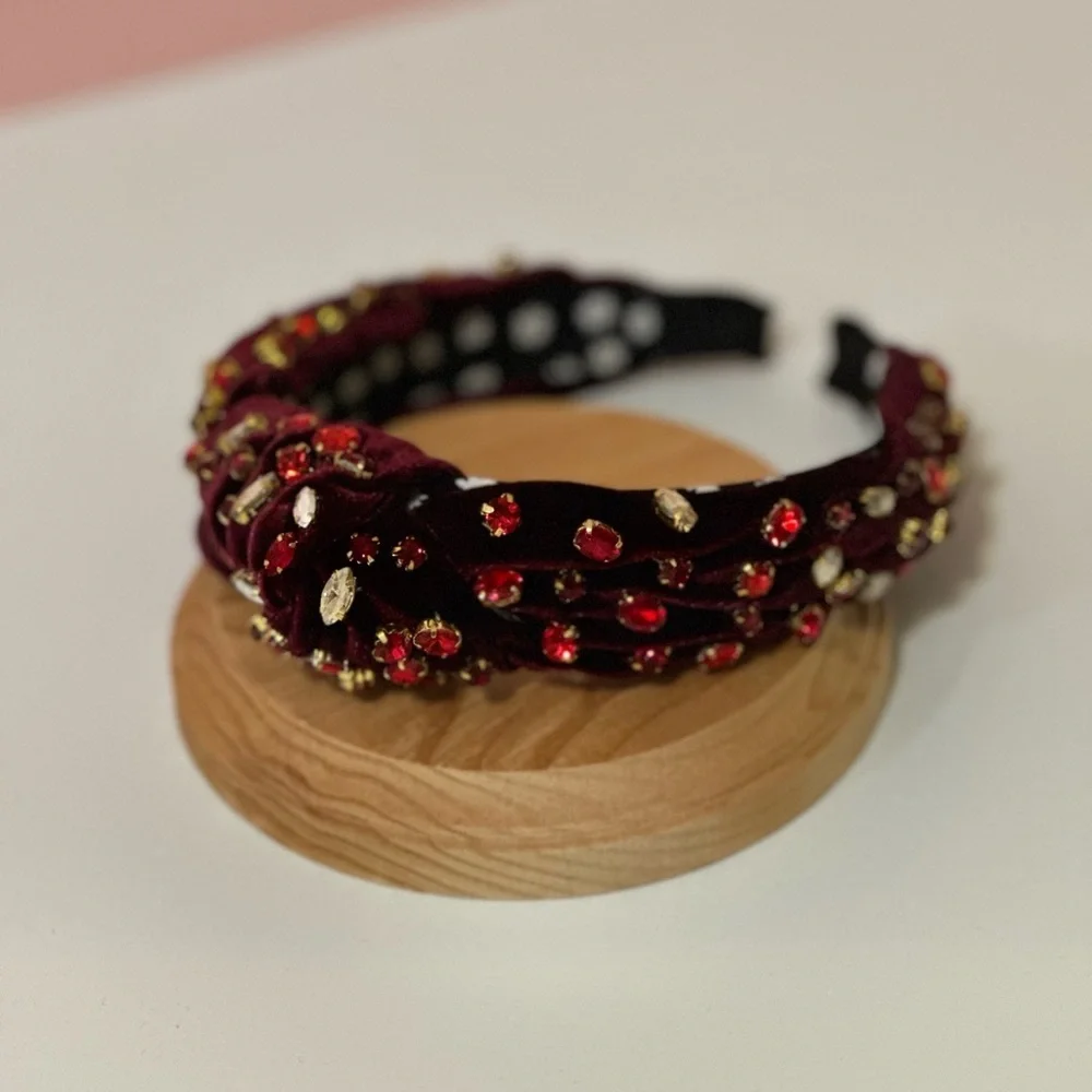 Red Rhinestone Burgundy Velvet Knot Headband - Picture 10 of 10